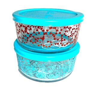 The Pioneer Woman 2 Glass Storage Bowls Lids Blue Floral & Red Scroll 1 Qt
